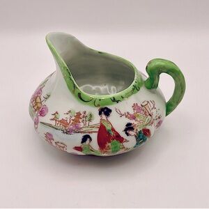 Vintage, China Creamer with Multicolored Asian Illustrations, Green, Pink, Gold